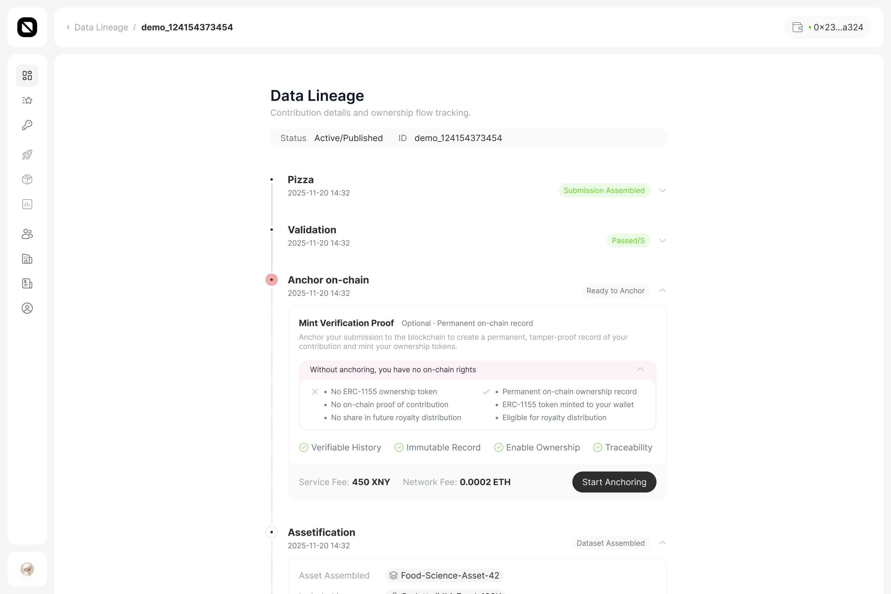 Data Lineage screen showing submission, validation, anchoring, assetification, and ownership status.